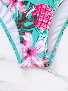 Swim Lushoire 女款夏日海灘花卉印花比基尼套裝，扭結細節設計，隨機印花，有內托push up設計 - 彩色 - 查看 5