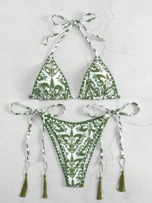 SHEIN Swim 女士夏季海灘花卉印花露背領帶性感比基尼套裝