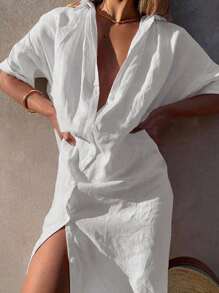 Breezaya 女性時尚優雅純色前鈕洋裝 - 白色 - 查看 3