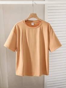 SHEIN Tween Boys Extended Size Casual Coconut Tree Beach Print Crew Neck Pullover Short Sleeve Knit T-Shirt For Holiday