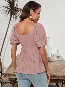 SHEIN Clasi Women's Summer Puff Sleeve Texture T-Shirt - Pink - View 3