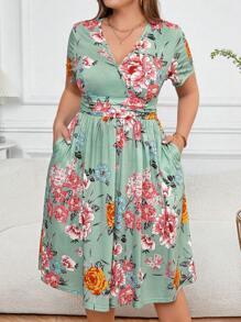 Reflora Plus Size Women Wrap V Neck, Cinched Waist Printed A-Line Dress With Pockets For Summer,Beach Dress Sundress,Holiday Outfits Boho