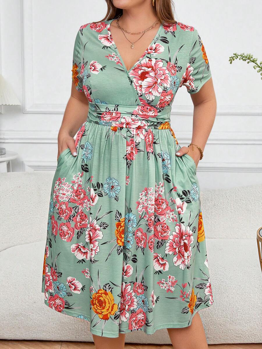 Reflora Plus Size Women Wrap V Neck, Cinched Waist Printed A-Line Dress With Pockets For Summer,Beach Dress Sundress,Holiday Outfits Boho