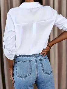 长袖 V 领宽松休闲纯色纽扣衬衫，长袖上衣