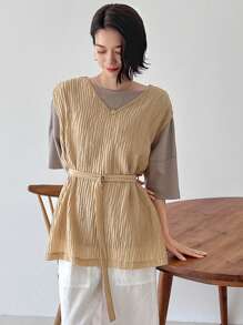 FRIFUL Women's Solid Color Textured V-Neck Waist Belt Tank Top - Khaki - View 6