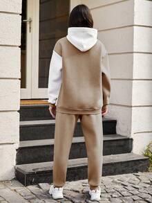 SHEIN Cottnline Women's Color Block Hoodie And Pants Tracksuit Set - Beige - View 2