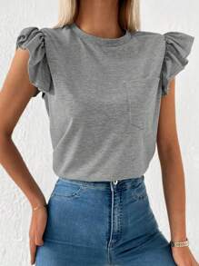 T-shirt unicolore à volants - Gris - Voir 4