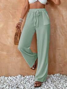 EURMUSE Women's Summer Solid Color High Waist Drawstring Waist Linen Wide Leg Pants - Hijau - View 4