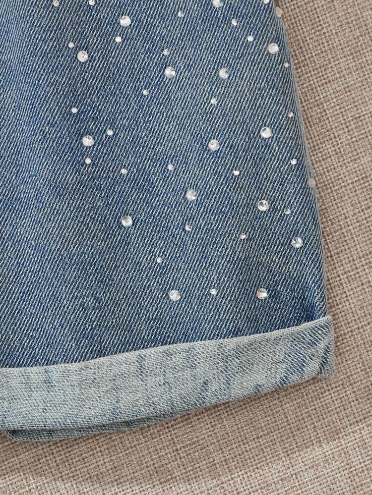 Young Girl 2pcs Set, Letter Printed Knitted Top With Hollow Sleeves And Frayed Denim Shorts