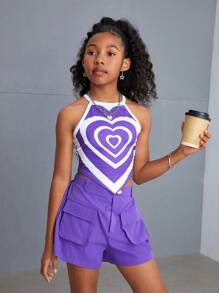 SHEIN Conjunto de tank top y shorts rectos de punto para niña preadolescente con estilo urbano y fresco, primavera/verano