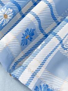 SHEIN 復古鄉村風蕊席藍色方格圖案連身裙，帶紋理褶皺，優雅可愛，適合春夏季節 - 藍色 - 查看 5