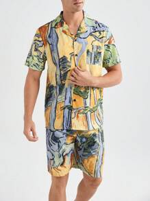 Men's Summer Random Print Short Sleeve Shorts Home Wear Set - Yellow - View 3