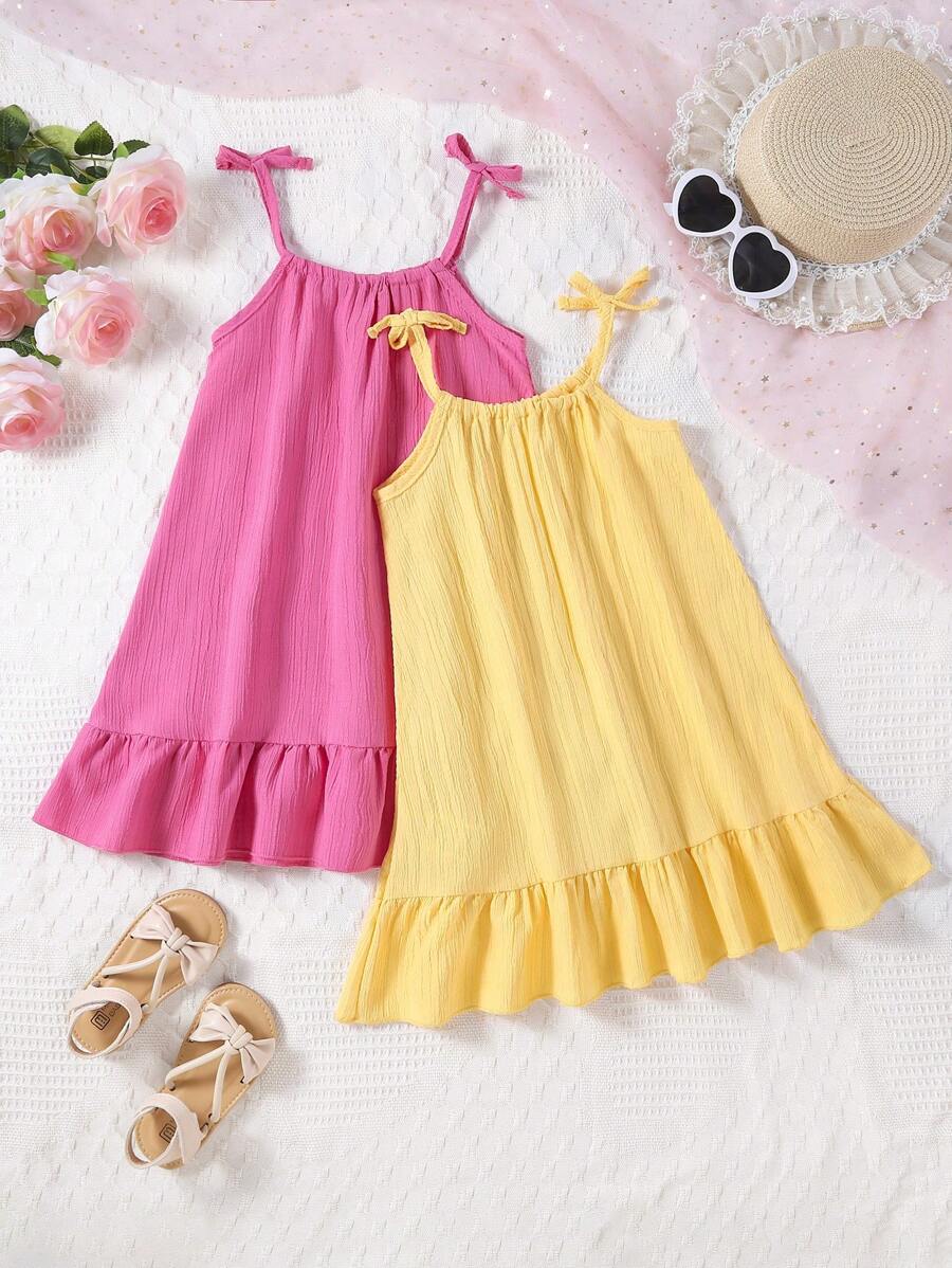 SHEIN Young Girl 2pcs/Set Back To School Season Simple & Casual Sleeveless Loose Bowknot Dress With Straps, Summer - Multicolor - View 1