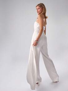 MUSERA Mono de pierna ancha con drapeado tejido, elegante para graduación, baile de graduación, invitado de boda, verano, primavera, fiesta de boda, casual - Blanco - Ver 2
