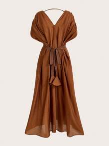 Anewsta 优雅浪漫的女士 V 领连衣裙，带有褶皱和亚麻面料，配有收腰长款女装 - 棕色 - 查看 6