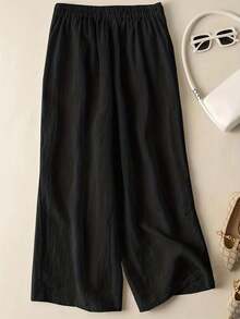 印花斜口袋闊腿褲 - 黑色 - 查看 2