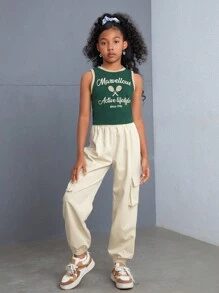 SHEIN Conjunto de Blusa sem Manga de Malha com Gola Redonda e Calça de Moletom de Cor Lisa Tecida na Moda para Meninas Adolescentes para a Primavera/Verão
