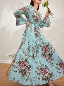 Modelyn Floral Print Ruffle Sleeves Summer Pleated Dress Maxi Women Outfit Long Evening Dresses Fall Cloth For Women - Blue - View 4