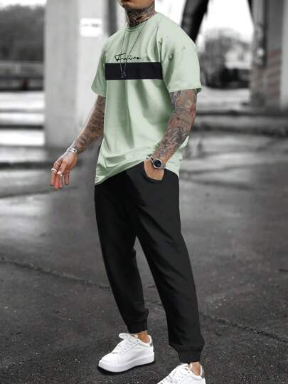 SHEIN Cottnline Men's Summer Fabric Patchwork Letter Printed Short Sleeve T-Shirt And Long Pants Casual Set
