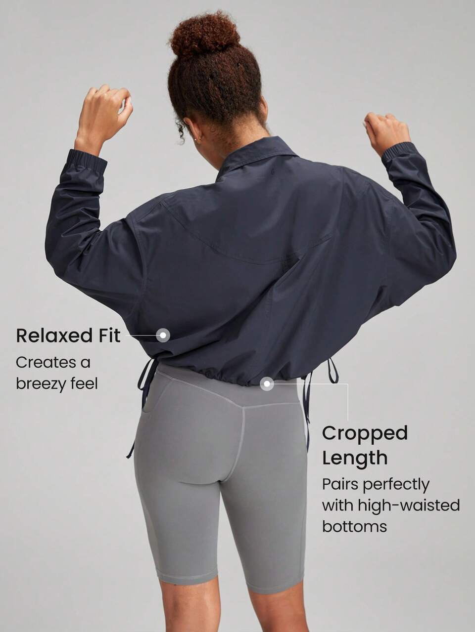 Woven Cropped Curved Drawstring Waist Pullover Half Zip  Spring Summer