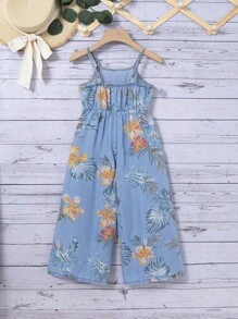 SHEIN Young Girl Blue Denim Effect Jumpsuit With Floral Pattern - Light Wash - View 2