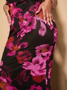 SHEIN BAE 大码女式夏季优雅度假约会花卉印花弹力网眼挂脖连衣裙，女士生日礼服 - 彩色 - 查看 7