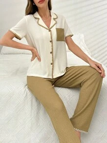 Colorblock Pocketed Open Front Piping Trimmed Collar Women's Pajama Set