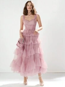 Enchnt 女士夏季時尚純色網眼荷葉邊交叉綁帶收腰無袖連衣裙 - 粉色 - 查看 6