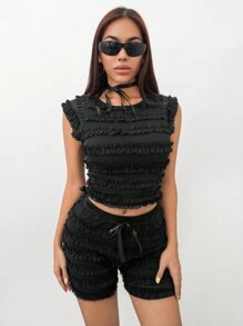 SHEIN Unity 女士夏季純色圓領對稱荷葉邊上衣和短褲休閒套裝 - 黑色 - 查看 7