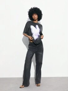 Maija 女士休闲印花T恤，适合返校季穿着，夏季蝴蝶标语印花圆领宽松短袖T恤，浪漫时尚，百搭；适合夏季度假，舒适，波西米亚风，沙滩装。 - 黑色 - 查看 2