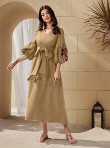 Mulvari Đầm mùa hè tay dài in hoa cổ chữ V thanh lịch dành cho nữ - Màu Khaki - Xem 6