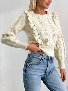 SHEIN PETITE Maglione casual a maniche lunghe con volant di colore unito, adatto per l'uso quotidiano, per donne di taglia petite