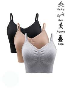 Shein Underwear&Sleepwear Basics 3 قطع من حمالات الصدر الرياضية بتصميم متباين من الدانتيل و بالون متماسك، ضروريات اليوجا