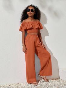 SHEIN Tween Girl Casual Spring/Summer Woven Solid Color Off Shoulder Top And Loose Pants Set