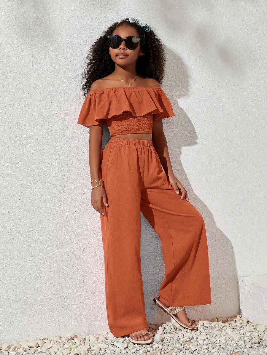 SHEIN Tween Girl Casual Spring/Summer Woven Solid Color Off Shoulder Top And Loose Pants Set