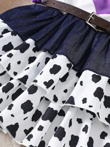 SHEIN 4pcs Western Cowboy Style Outfit Set Including Short Sleeve T-Shirt, Cowgirl Skirt, Denim Hat And Belt