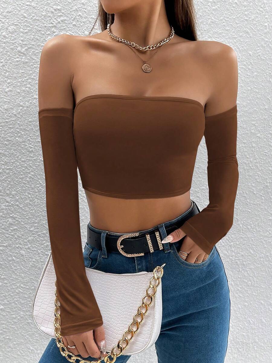 SHEIN PETITE Top sólido de hombros descubiertos y recortado - Café integral - Ver 1