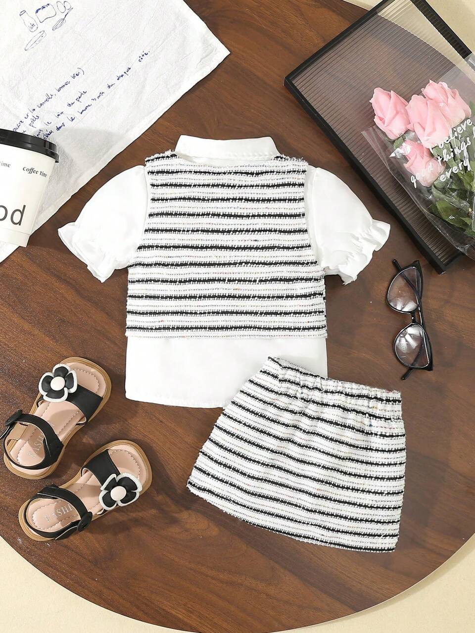 Baby Girl Elegant Short Sleeve Shirt, Vest And Skirt Set, Summer