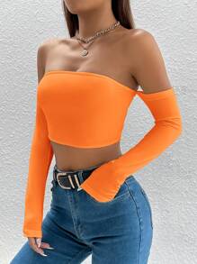 SHEIN PETITE Solid Off Shoulder Crop Off Shoulder Top - Orange - View 4