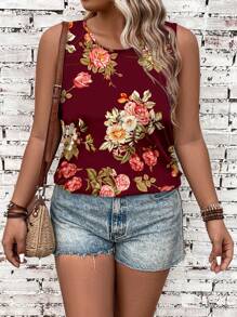 EMERY ROSE Summer Casual Flower Pattern Jumpsuit, Plus Size Women's Tank Top And Top