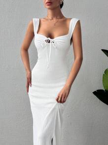 RueChic Women's Textured Fabric Long Front Knot Summer Cami Dress - White - View 3