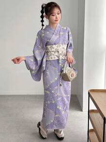 FRIFUL Japanese Style Elaborate Printed Yukata With Woven Jacquard Obi Belt And Fringed Belt Set, Upgraded Yukata