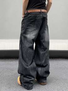 Manfinity EMRG 男士拉链阔腿牛仔裤，纯色长款深色牛仔裤，超大号黑色洗水工装牛仔裤，适合送给丈夫、男朋友的礼物，适合外出聚会、通勤、街头迪斯科、摇滚风 - 黑色 - 查看 2