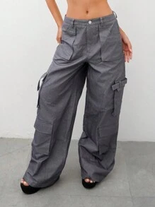 SHEIN Unity Women's Solid Color Wide-Leg Casual Casual Pants With Multiple Utility Pockets Fall Cloth For Women - Grey - View 3