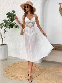 Swim Vcay 女士夏季服装女士纯色细肩带蕾丝边罩衫连衣裙，度假风格，夏季海滩