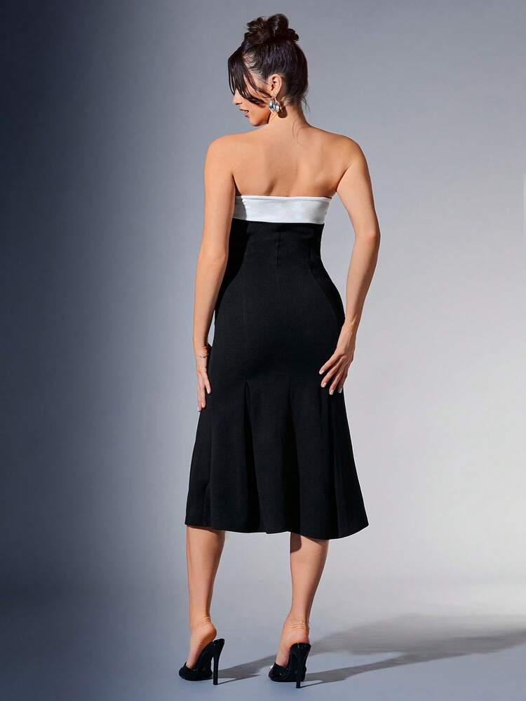 Maternity Elegant Holiday Strapless Dress With Back Bow And Mermaid Hem, Young And Mature Style