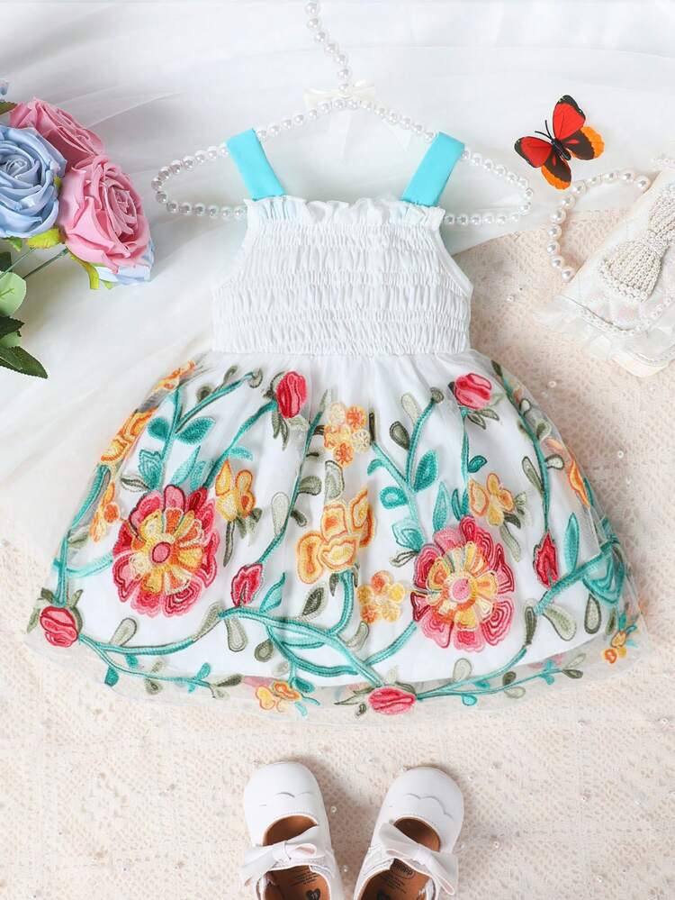 Embroidered Mesh Bowknot Baby Girl Summer Lovely Sweet Dress With Shoulder Straps