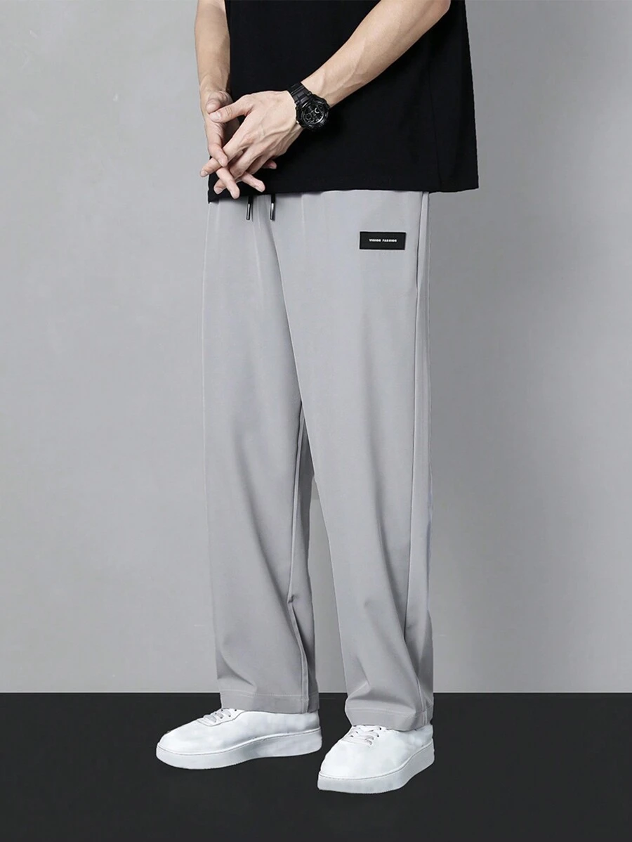 Men Letter Patched Detail Drawstring Waist Trousers - Light Grey - View 1