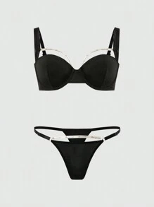 女士拼接空心時尚內衣套裝（包括胸罩和內褲） - 黑色 - 查看 2