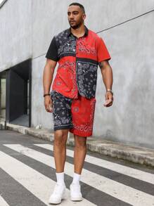 Manfinity Roughcore Men's Plus Size Vacation Style Printed Color Block Short Sleeve Shirt And Shorts Set - Black - View 5